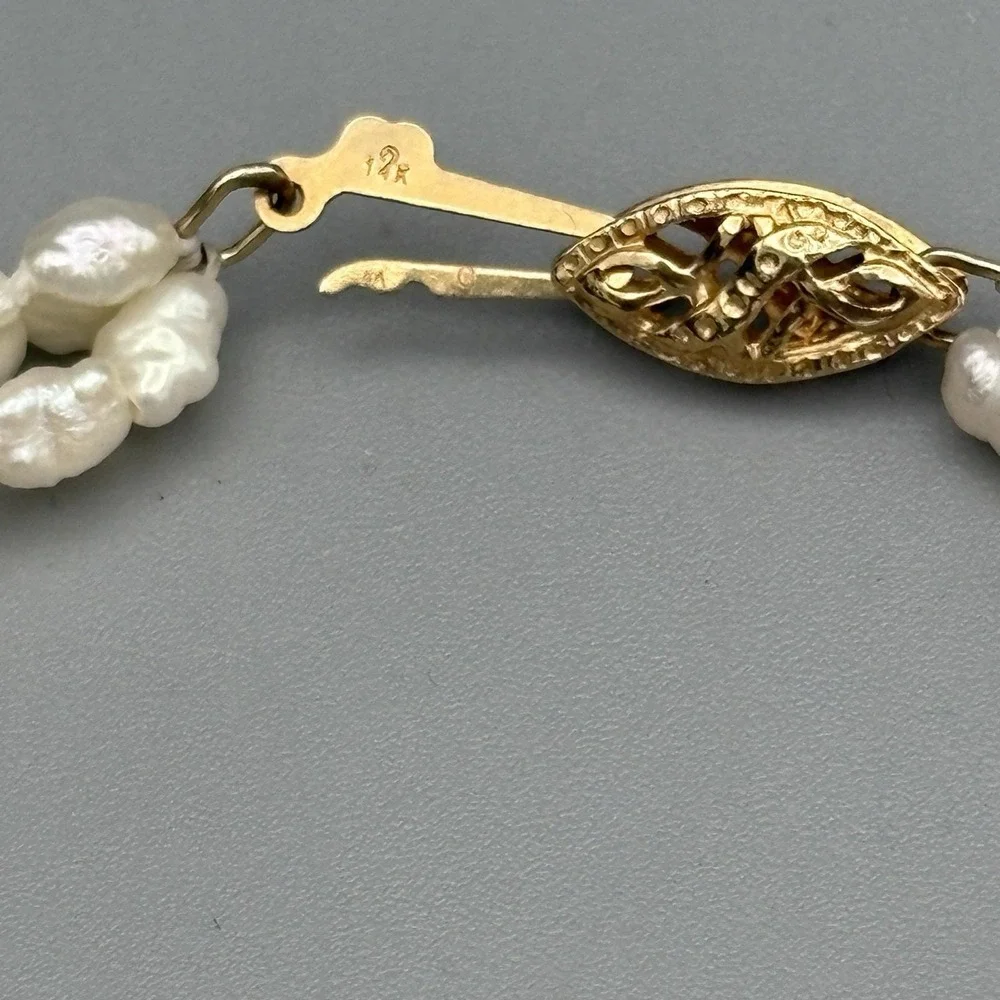Triple Strand Freshwater Pearl Bracelet 14kt Gold Filigree Clasp 7.25